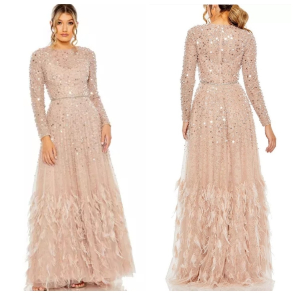 Nwot Mac Duggal Dusty Rose Sequin/Feather Embellished Longsleeve Pageant Gown
